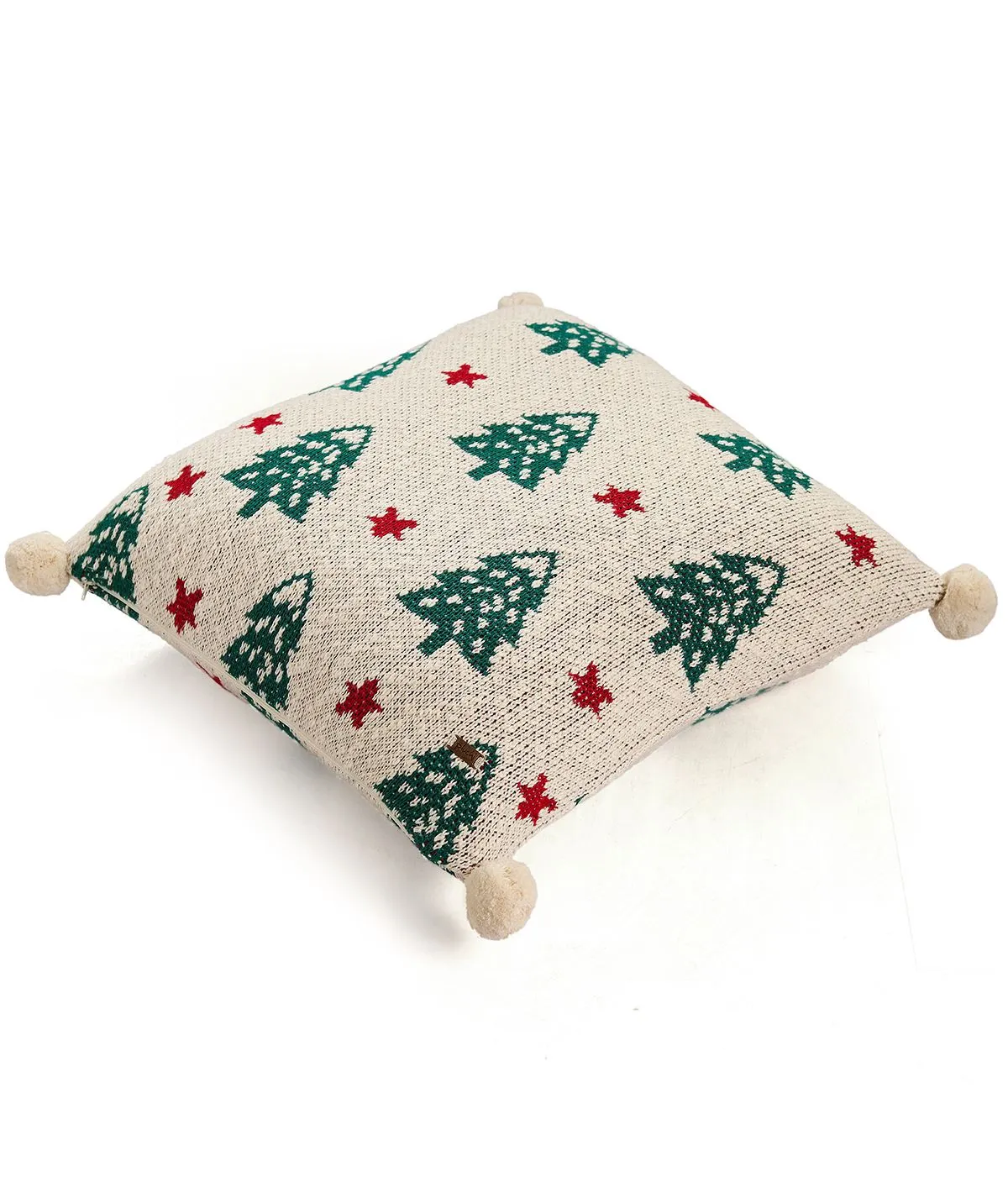 Xmas Tree & Star Cotton Knitted Decorative Green, Red & Natural Color 18 x 18 Inches Cushion Cover