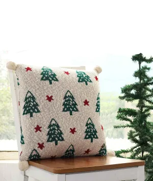 Xmas Tree & Star Cotton Knitted Decorative Green, Red & Natural Color 18 x 18 Inches Cushion Cover